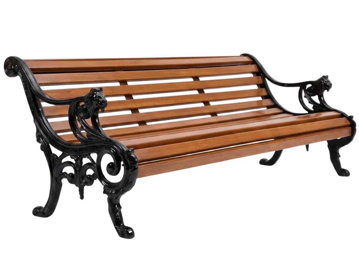 Classic wooden slat bench with a strong metal frame.