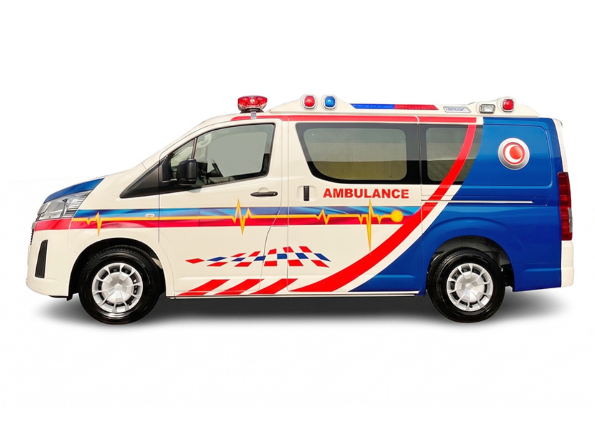 Toyota Hiace Standard Roof Ambulance exterior side profile with emergency lights